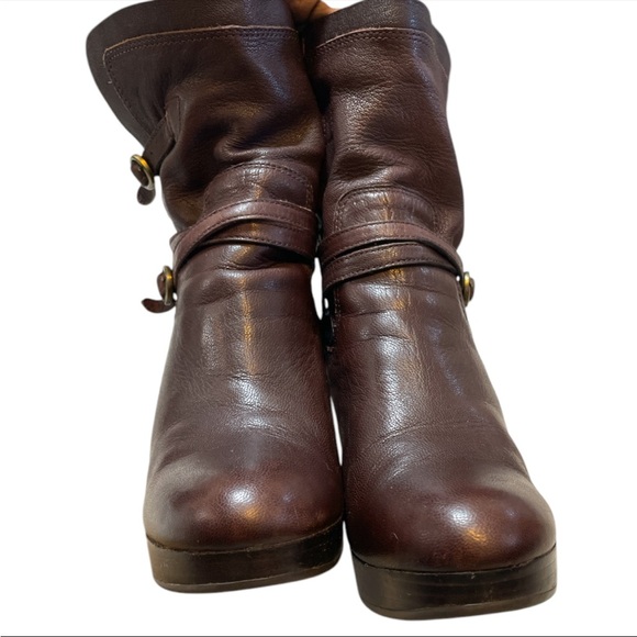 UGG Olivia Brown Leather High Heel Platform ankle Boots Sherpa  Women's US 6.5 - Picture 3 of 7